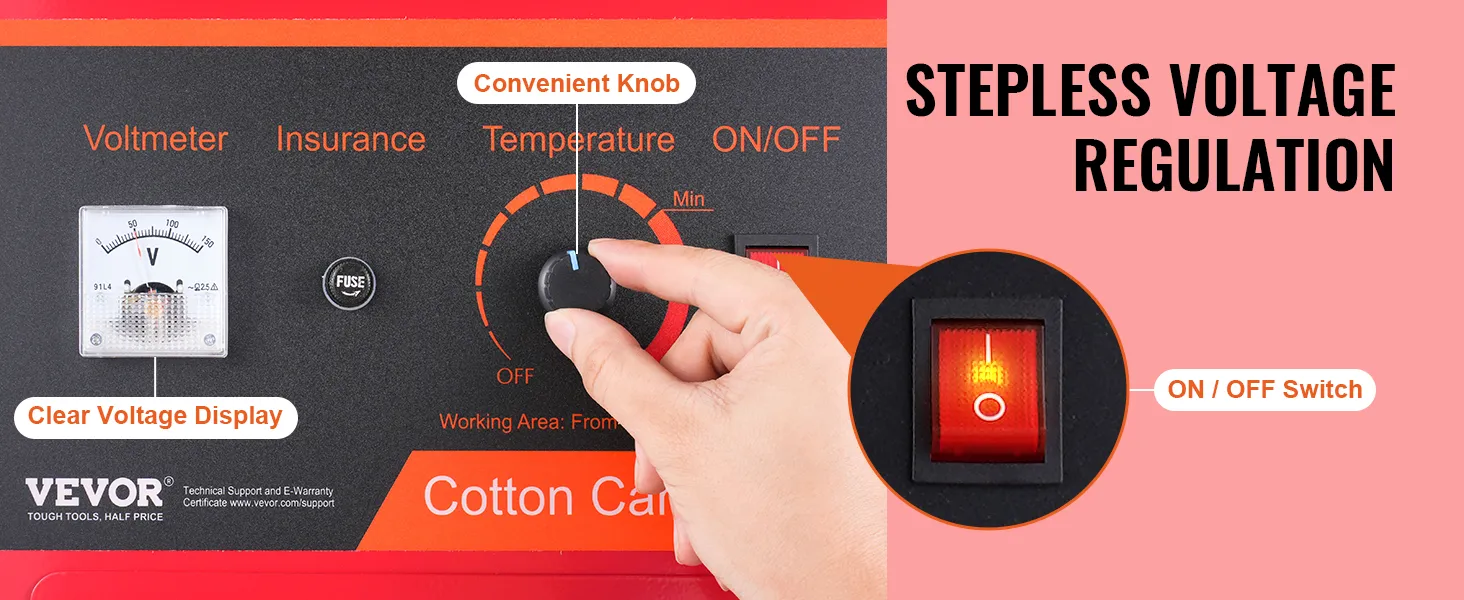 Panel sterowania maszyny do waty cukrowej VEVOR z wygodnym pokrętłem, czytelnym wyświetlaczem napięcia i przełącznikiem włącz/wyłącz.