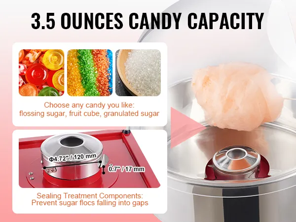 Maszyna do waty cukrowej VEVOR o pojemności 3,5 uncji, wyposażona w różne funkcje cukiernicze i elementy uszczelniające.