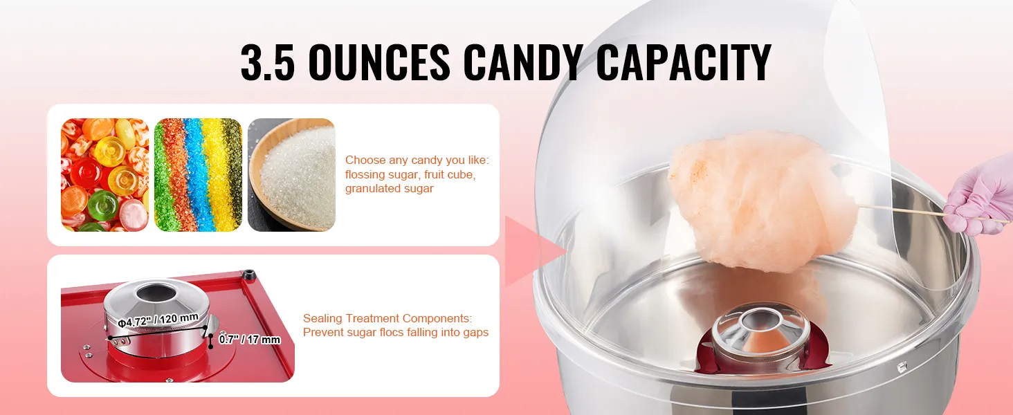 Maszyna do waty cukrowej VEVOR o pojemności 3,5 uncji, wyposażona w różne funkcje cukiernicze i elementy uszczelniające.