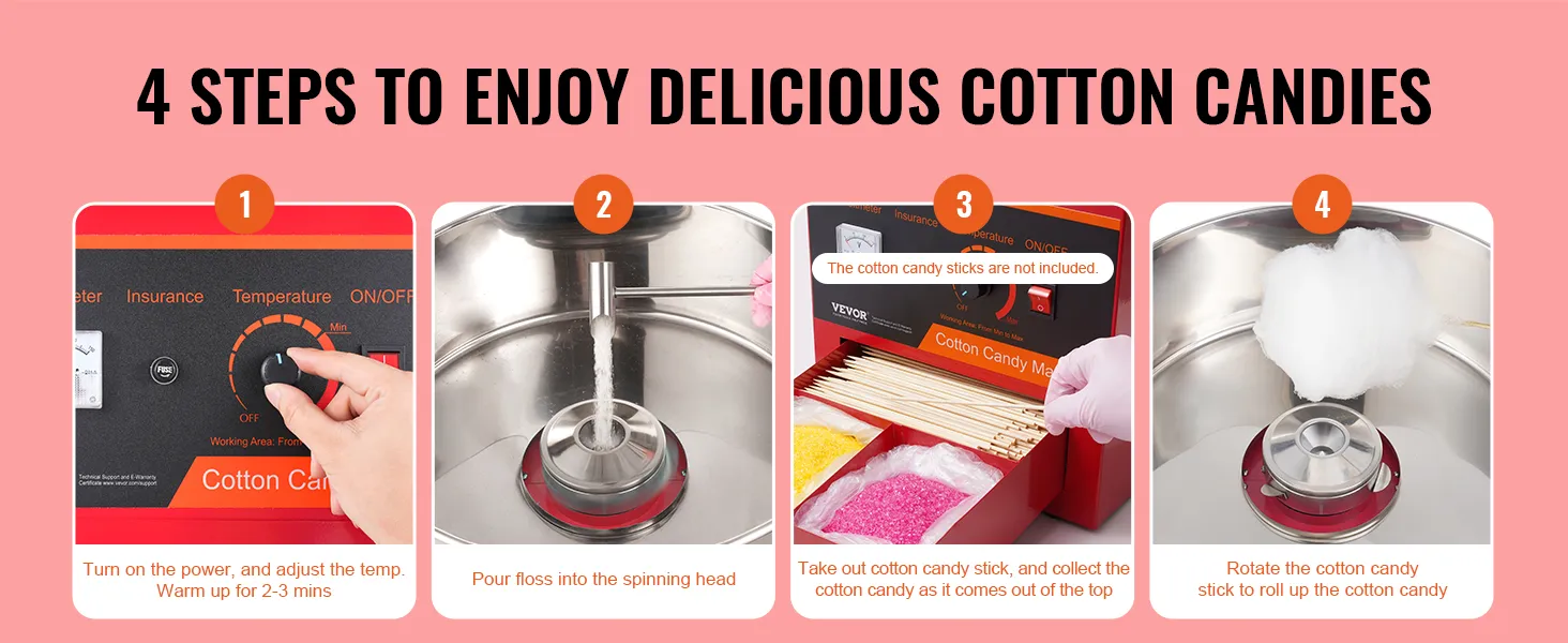 4 kroki korzystania z maszyny do waty cukrowej VEVOR: włącz urządzenie, wsyp watę, zbierz cukierki i zwiń.