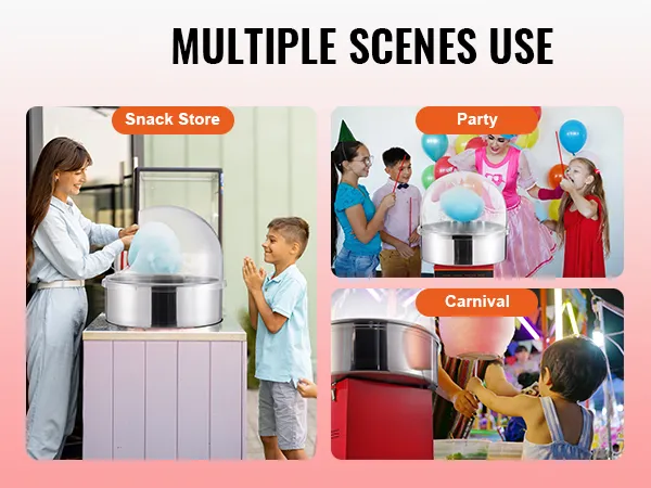 Maszyna do produkcji waty cukrowej VEVOR w akcji na przyjęciu, karnawale i w sklepie ze słodyczami, produkująca kolorowe smakołyki.