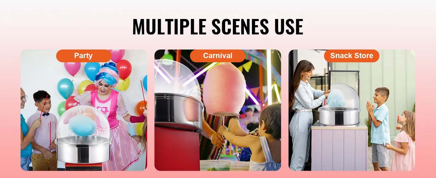 Maszyna do produkcji waty cukrowej VEVOR w akcji na przyjęciu, karnawale i w sklepie ze słodyczami, produkująca kolorowe smakołyki.
