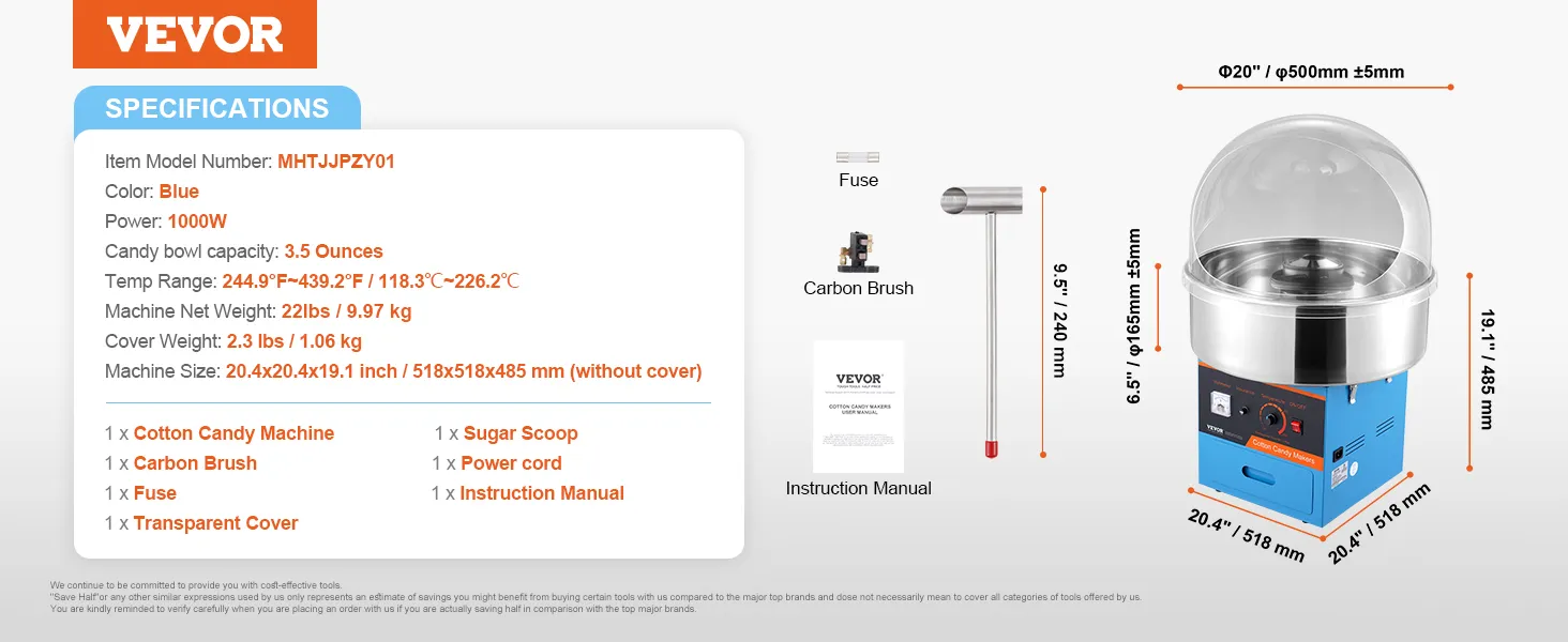 Specyfikacja i akcesoria urządzenia do waty cukrowej VEVOR: kolor niebieski, moc 1000 W, pojemność 3,5 uncji.