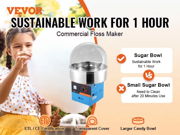 Urządzenie do produkcji waty cukrowej VEVOR, profesjonalne urządzenie do produkcji waty cukrowej z przezroczystą pokrywą i dużymi miskami na cukierki.