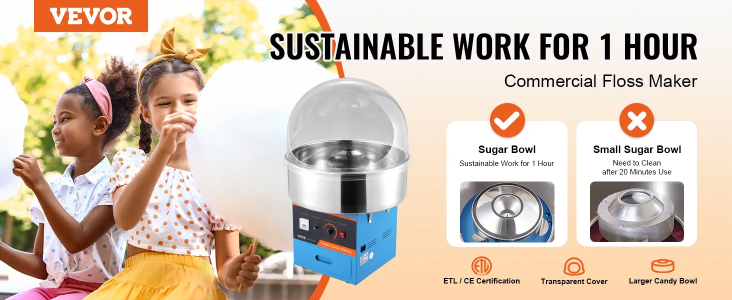 Urządzenie do produkcji waty cukrowej VEVOR, profesjonalne urządzenie do produkcji waty cukrowej z przezroczystą pokrywą i dużymi miskami na cukierki.