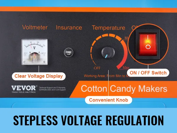 Panel sterowania maszyny do waty cukrowej VEVOR z woltomierzem, pokrętłem temperatury i przełącznikiem włącz/wyłącz.