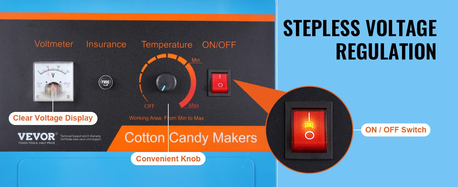 Panel sterowania maszyny do waty cukrowej VEVOR z woltomierzem, pokrętłem temperatury i przełącznikiem włącz/wyłącz.