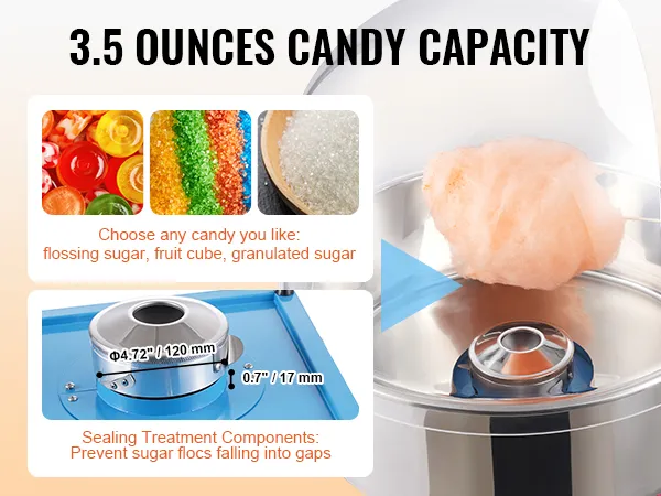 Maszyna do produkcji waty cukrowej VEVOR o pojemności 3,5 uncji, wykorzystująca różne rodzaje cukru i składniki do obróbki zamykającej.