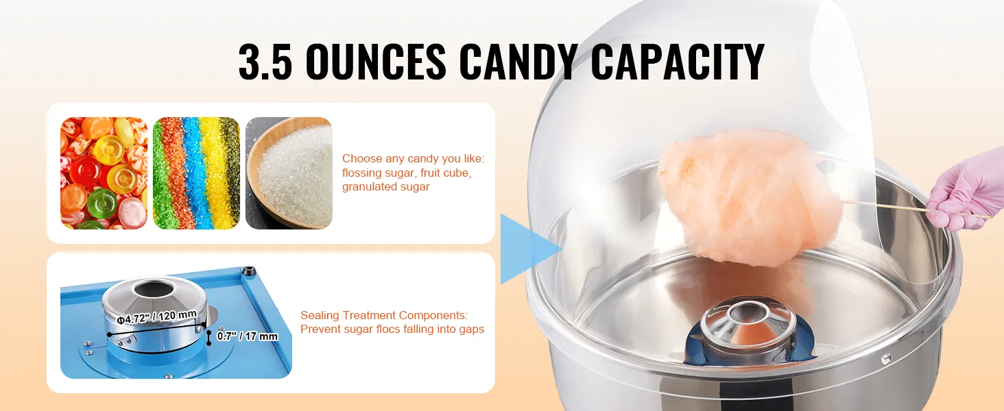 Maszyna do produkcji waty cukrowej VEVOR o pojemności 3,5 uncji, wykorzystująca różne rodzaje cukru i składniki do obróbki zamykającej.