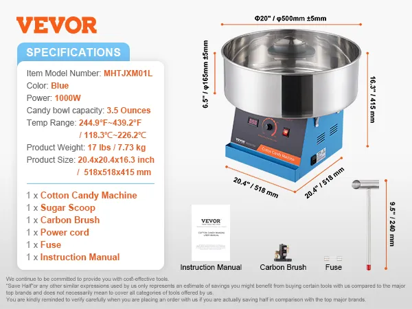 VEVOR cotton candy machine specs: blue, 1000w, 3.5 oz bowl, 17 lbs, 20.4x20.4x16.3 inches. includes accessories.