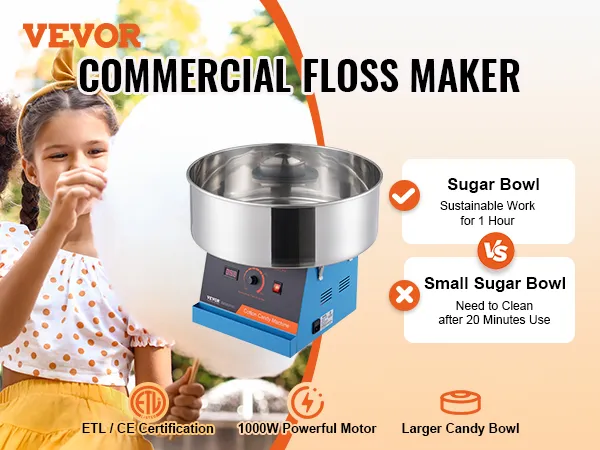 children enjoying cotton candy beside a VEVOR cotton candy machine in a commercial floss maker ad.