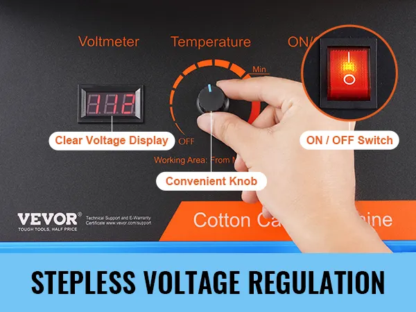 stepless voltage regulation on the VEVOR cotton candy machine with clear voltage display, knob, and switch.