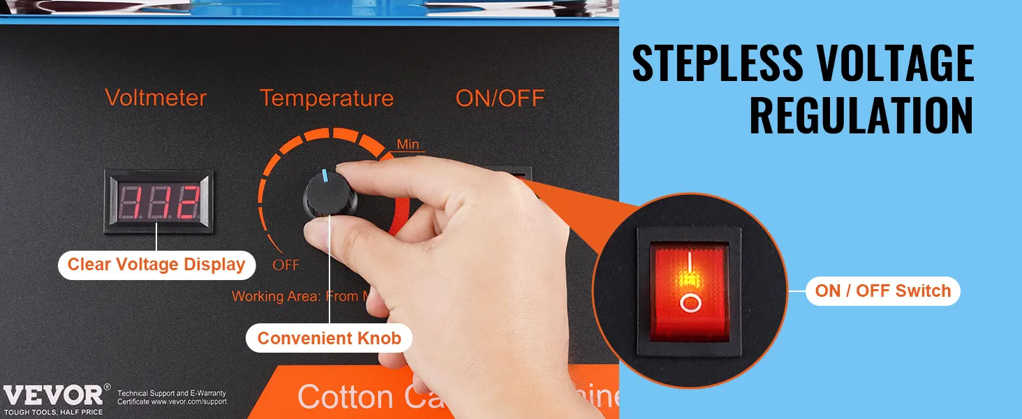 stepless voltage regulation on the VEVOR cotton candy machine with clear voltage display, knob, and switch.