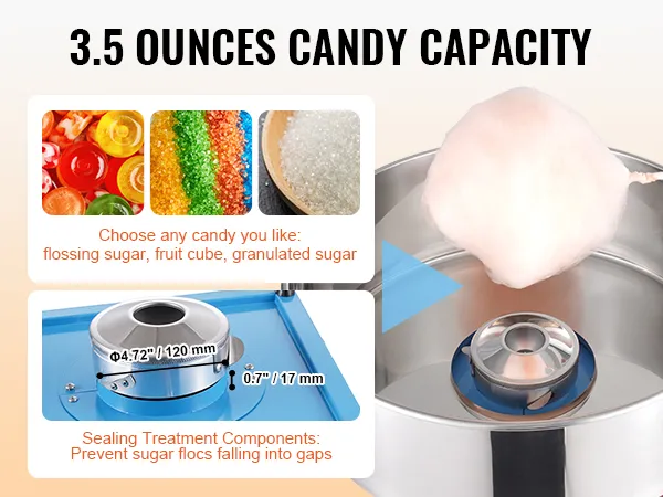 VEVOR cotton candy machine with 3.5 ounces capacity, compatible with various sugar types.