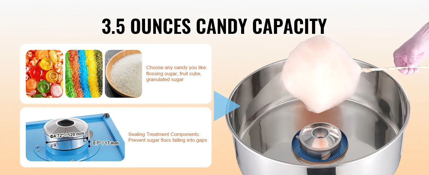 VEVOR cotton candy machine with 3.5 ounces capacity, compatible with various sugar types.