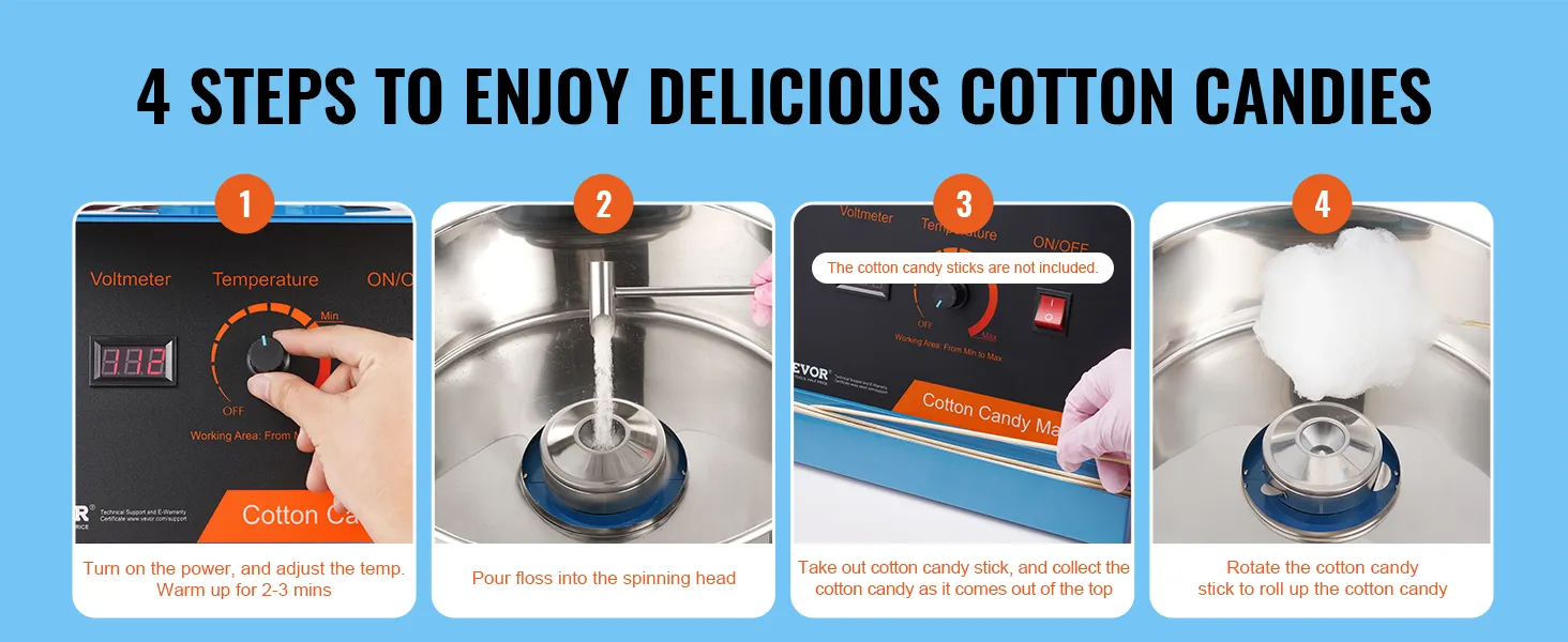 4 steps to use VEVOR cotton candy machine: power on, pour floss, collect candy, and roll up.