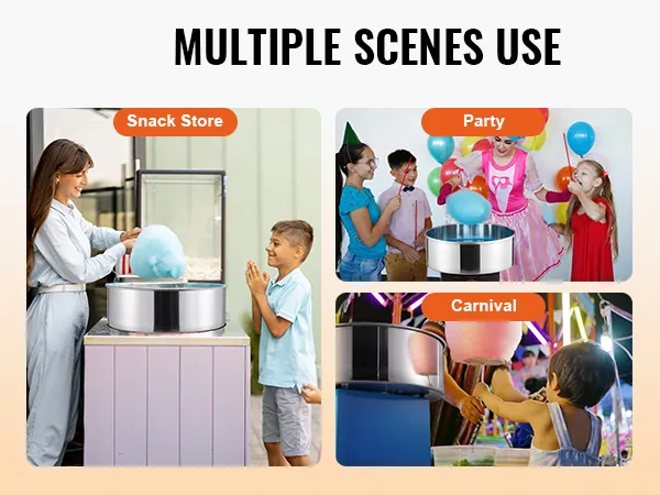 VEVOR cotton candy machine used at party, carnival, and snack store with colorful balloons and lights.