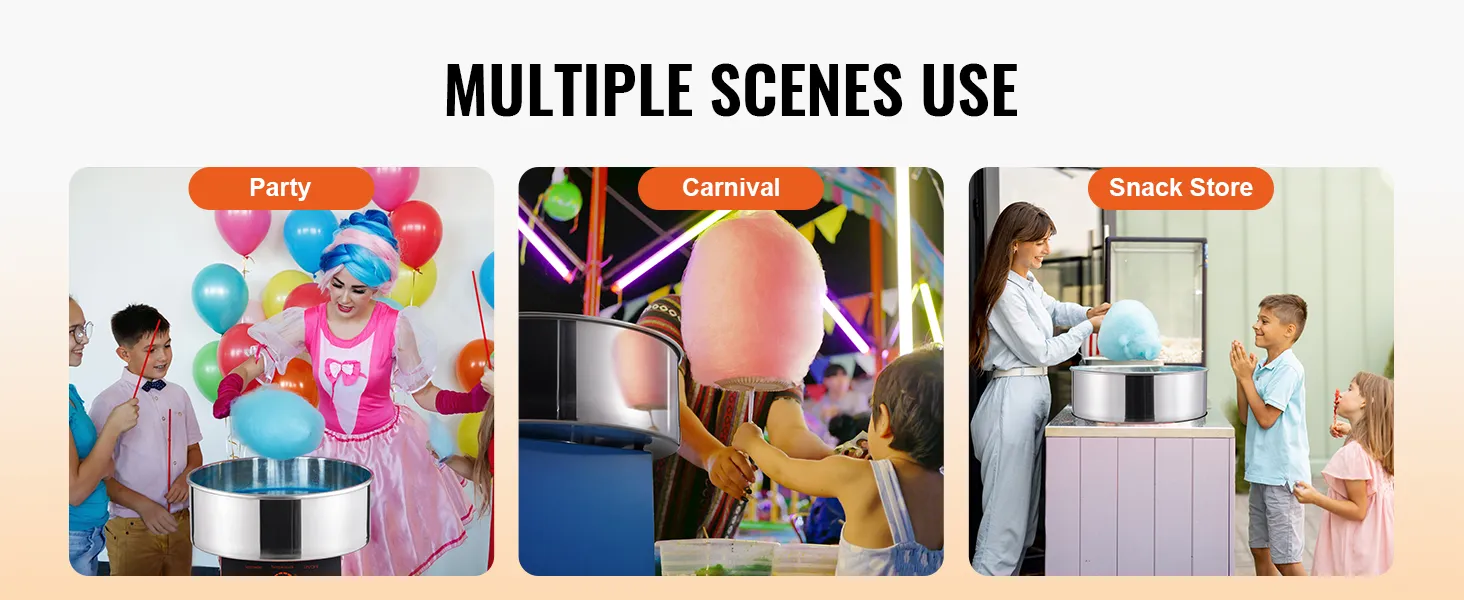 VEVOR cotton candy machine used at party, carnival, and snack store with colorful balloons and lights.