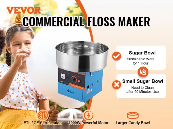 Máquina de algodón de azúcar VEVOR, máquina para fabricar hilo dental comercial con niños comiendo algodón de azúcar en el fondo.
