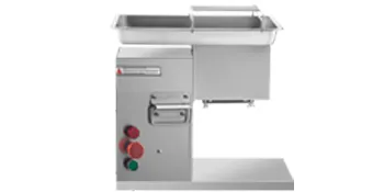 Máquina cortadora de carne comercial VEVOR con cuerpo de acero inoxidable y botones de control.