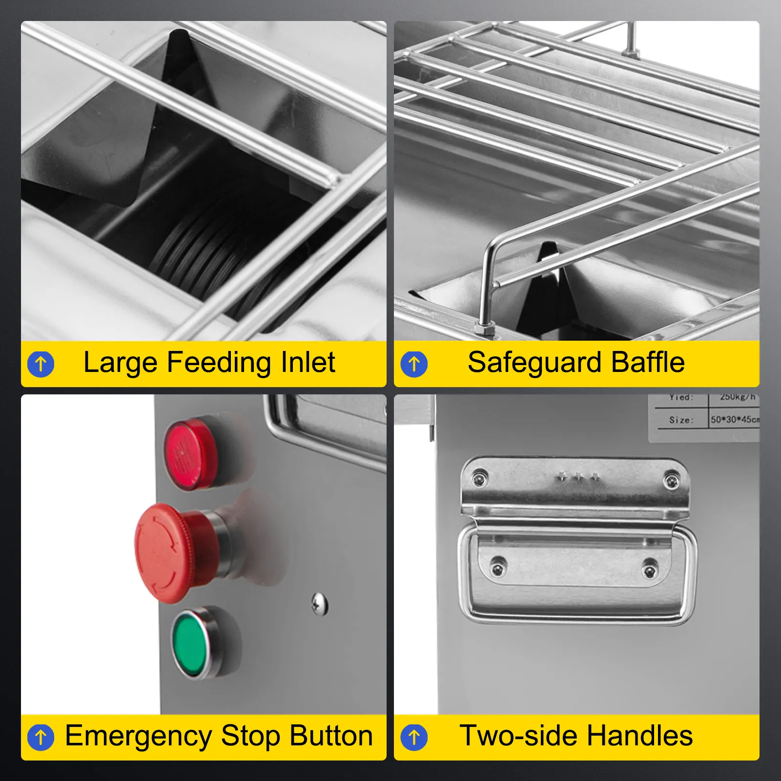 Máquina cortadora de carne comercial VEVOR con entrada de alimentación grande, deflector de protección, botón de parada y manijas.