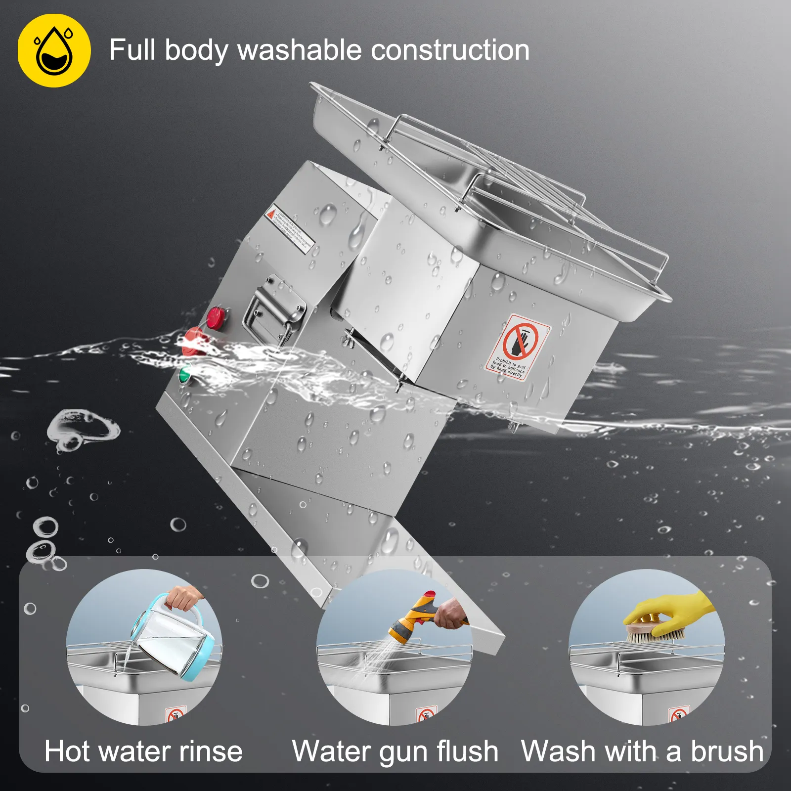 Máquina cortadora de carne comercial VEVOR sumergida en agua que muestra una construcción completamente lavable.