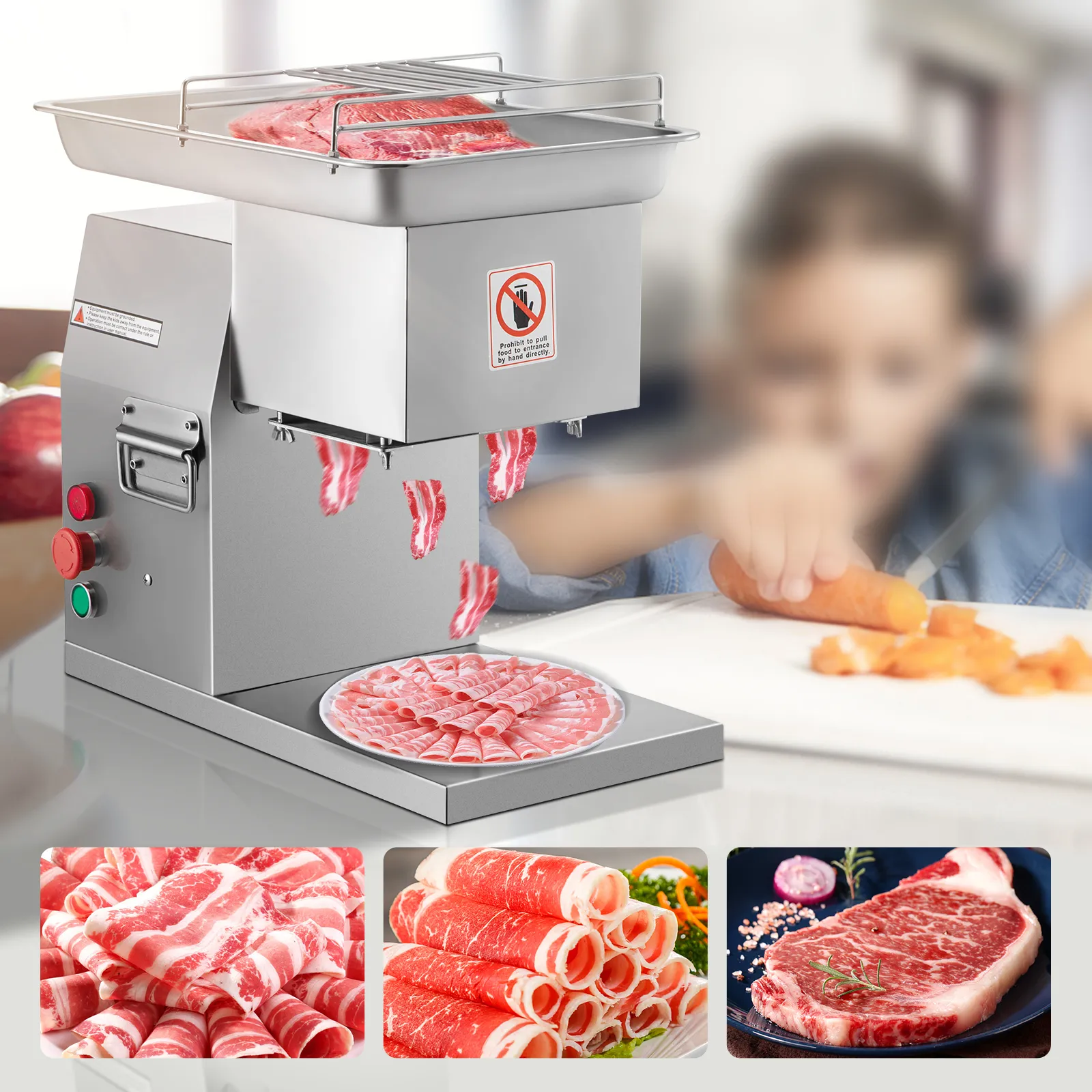 Máquina cortadora de carne comercial VEVOR que corta carne con cortes frescos exhibidos cerca.
