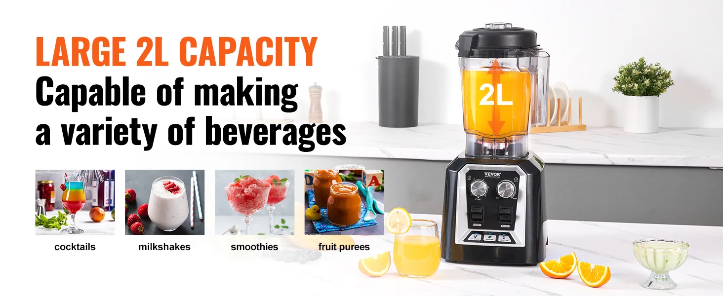 VEVOR professional blender with 2l capacity for cocktails, milkshakes, smoothies, and fruit purees.
