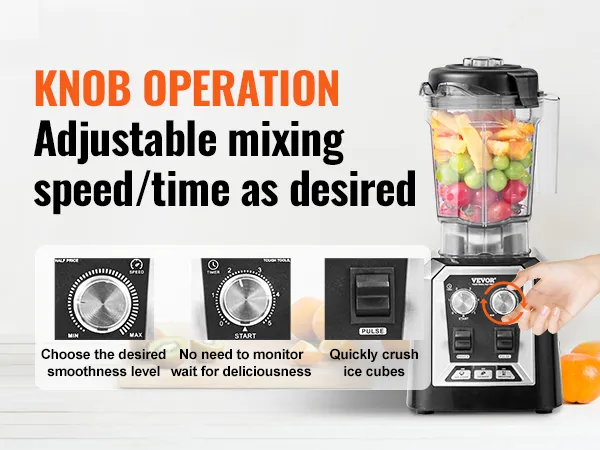 VEVOR professional blender with knob operation, adjustable speed/time, and fruits ready for blending.