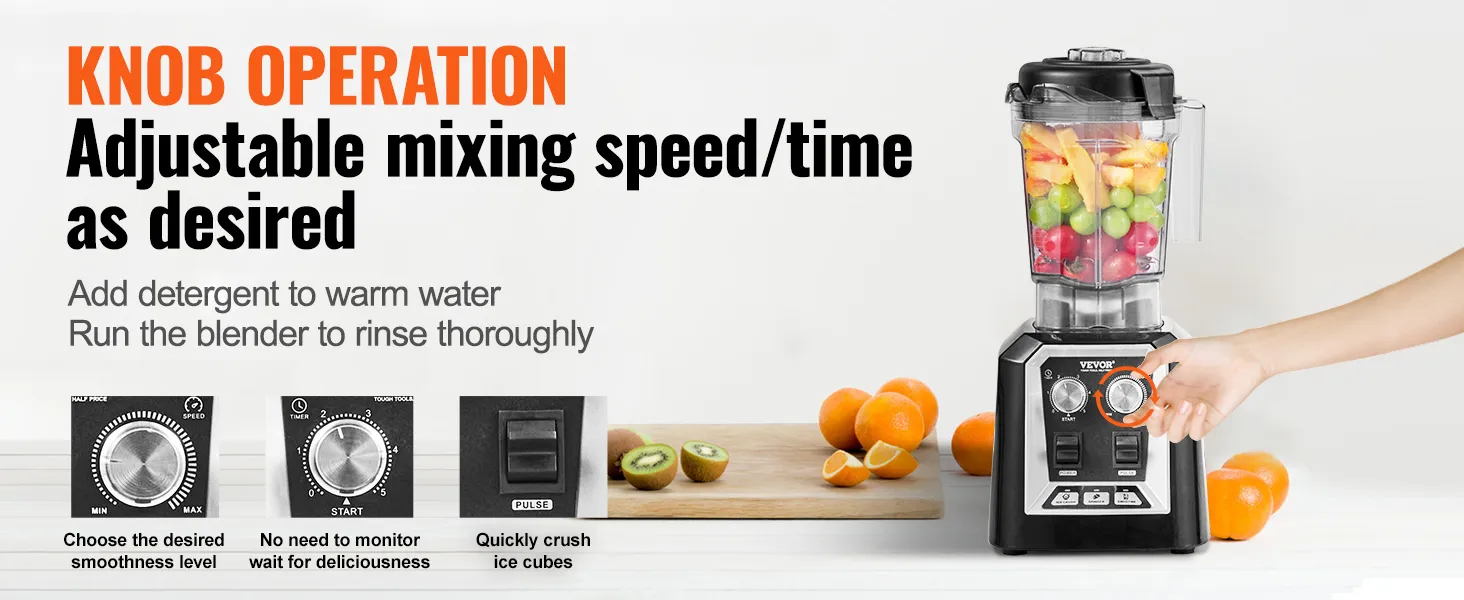 VEVOR professional blender with knob operation, adjustable speed/time, and fruits ready for blending.