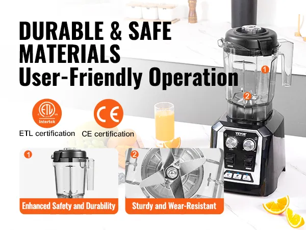 VEVOR professional blender with stainless steel blades, food-grade plastic body, and certification logos.