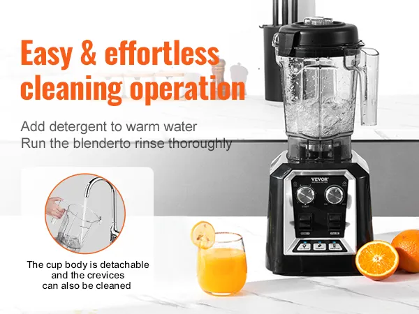 VEVOR professional blender with easy cleaning, detachable cup, and fresh orange juice on the counter.