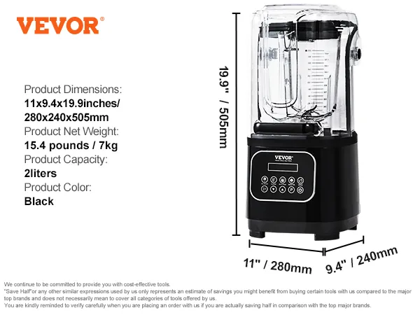 VEVOR professional blender with digital controls, 2-liter capacity, dimensions 11x9.4x19.9 inches, black.