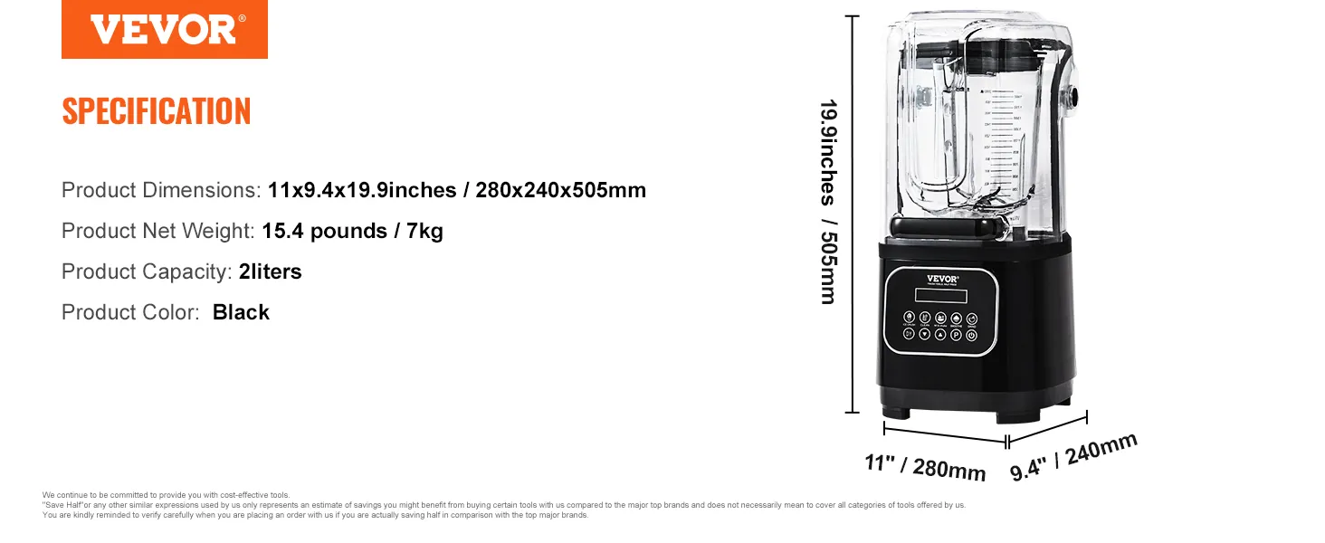 VEVOR professional blender with digital controls, 2-liter capacity, dimensions 11x9.4x19.9 inches, black.