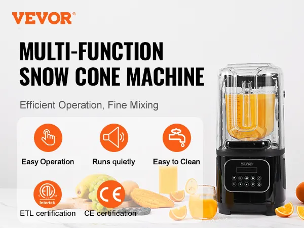 VEVOR professional blender displayed with fresh fruits, highlighting easy operation, quiet running, and easy cleaning.