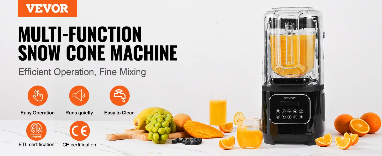 VEVOR professional blender displayed with fresh fruits, highlighting easy operation, quiet running, and easy cleaning.