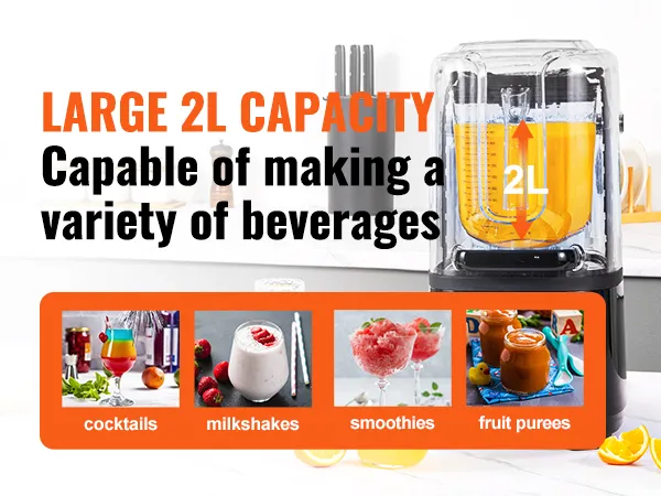 VEVOR professional blender with large 2l capacity, capable of making cocktails, milkshakes, and smoothies.