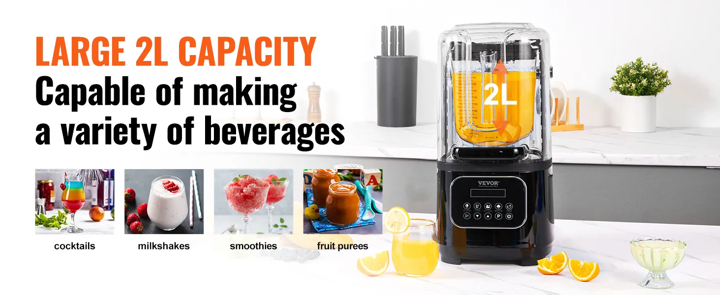 VEVOR professional blender with large 2l capacity, capable of making cocktails, milkshakes, and smoothies.