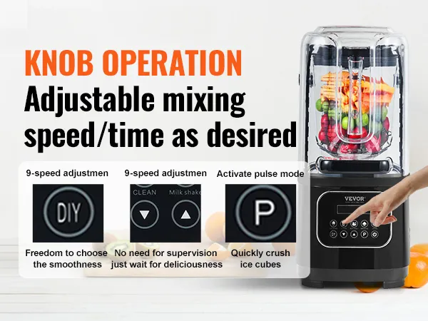 VEVOR professional blender with touchscreen, 9-speed adjustment, and timer. fresh fruits nearby.