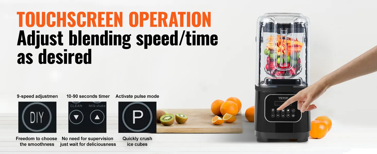 VEVOR professional blender with touchscreen, 9-speed adjustment, and timer. fresh fruits nearby.