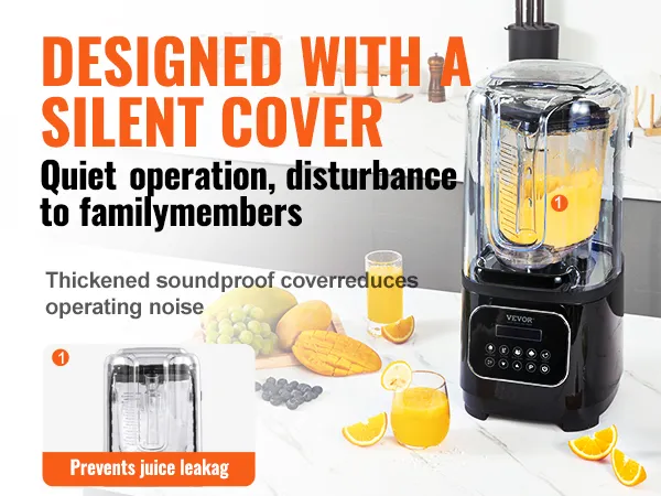 VEVOR professional blender with silent cover for quiet operation, blending orange juice on a kitchen counter.