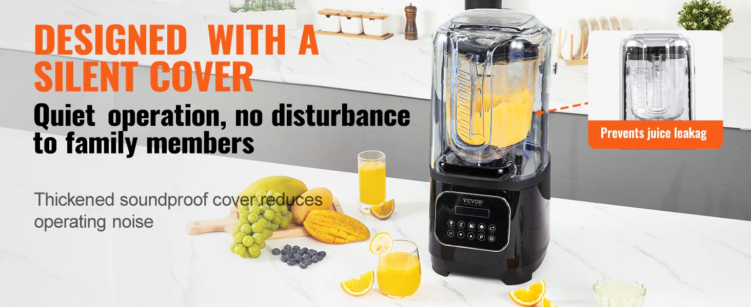 VEVOR professional blender with silent cover for quiet operation, blending orange juice on a kitchen counter.