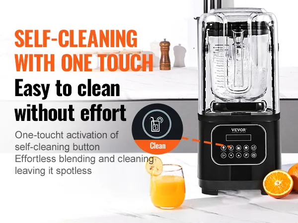 VEVOR professional blender, self-cleaning with one touch, next to fresh orange juice.