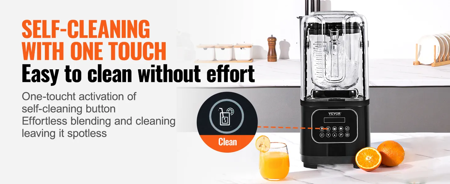 VEVOR professional blender, self-cleaning with one touch, next to fresh orange juice.