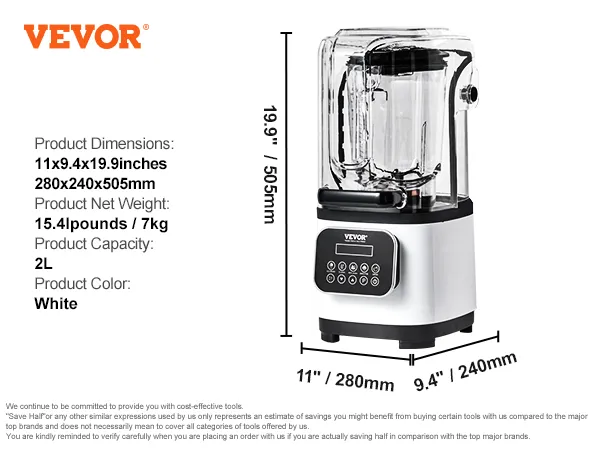 VEVOR professional blender, white, 2-liter capacity, 15.4 pounds, dimensions: 11"x9.4"x9.9".