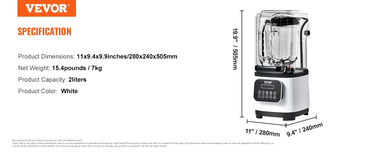 VEVOR professional blender, white, 2-liter capacity, 15.4 pounds, dimensions: 11"x9.4"x9.9".