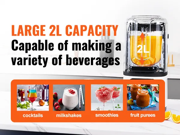 VEVOR professional blender with 2l capacity, showcasing cocktails, milkshakes, smoothies, and fruit purees.