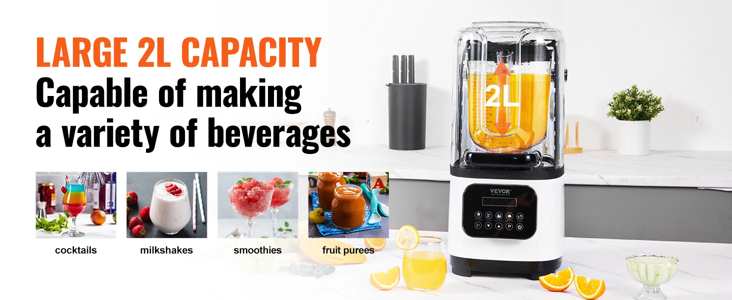 VEVOR Professional Blender with Shield, Commercial Countertop Blenders, 68 oz Jar Blender Combo, Stainless Steel 9 Speed & 5 Functions Blender, for Shakes, Smoothies, Peree, and Crush Ice, White