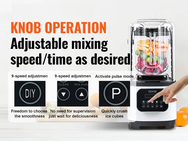 VEVOR professional blender with touchscreen operation, adjustable mixing speed, and a 10-90 second timer.