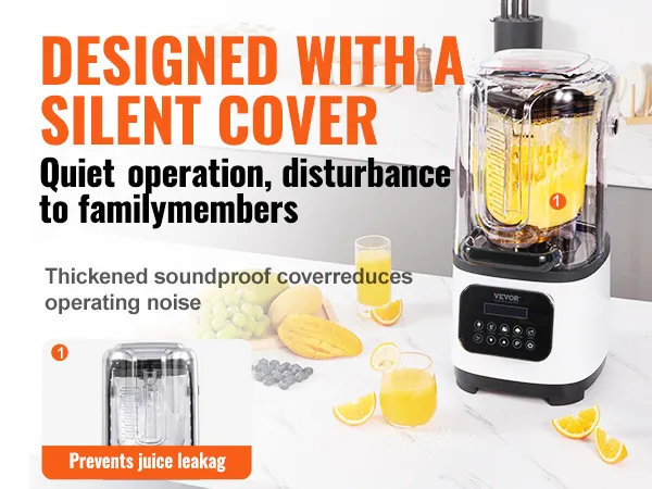 VEVOR professional blender with silent cover for quiet operation, prevents juice leakage, and reduces noise.